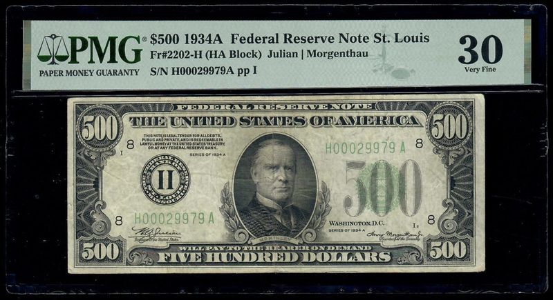 Fr. 2202-H 1934A $500 Federal Reserve Note. St. Louis PMG 30 V Fr. 2202-H 1934A $500 Federal Reserve Note. St. Louis PMG 30 V