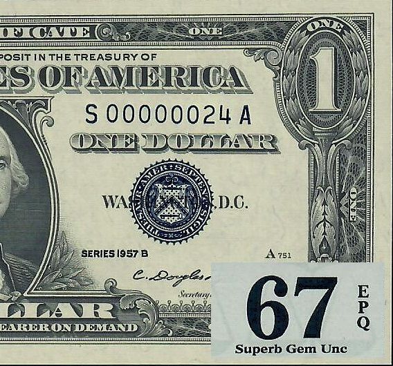 1957B $1 Silver Certificate * Low Serial # 24 * PMG 67 EPQ Superb Gem UNC