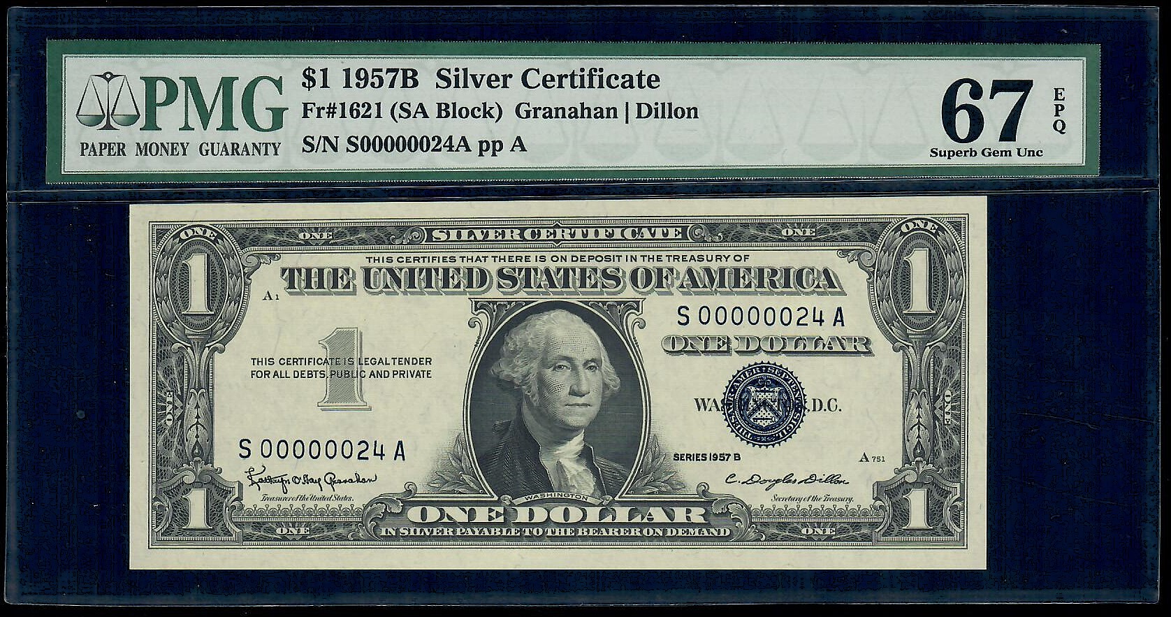 1957B $1 Silver Certificate * Low Serial # 24 * PMG 67 EPQ Superb Gem UNC