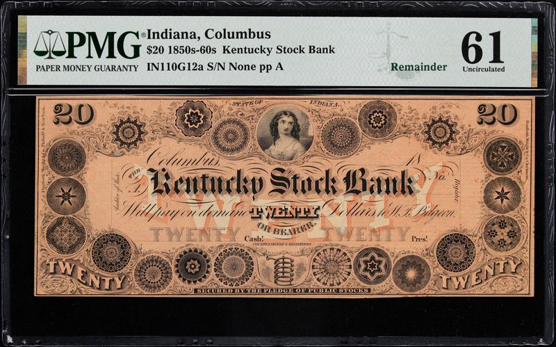 1850s-60s $20 Kentucky Stock Bank- Columbus, Indiana Remainder Note PMG 61 UNC 1850s-60s $20 Kentucky Stock Bank- Columbus, Indiana Remainder Note PMG 61 UNC