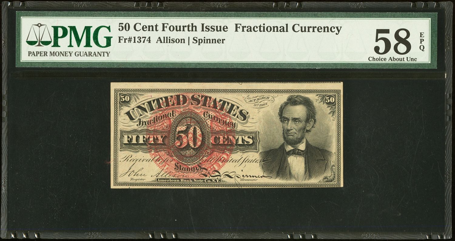 Fr. 1374 Large Red Seal Lincoln 50 Cents. Fourth Issue Fractional PMG 58 EPQ