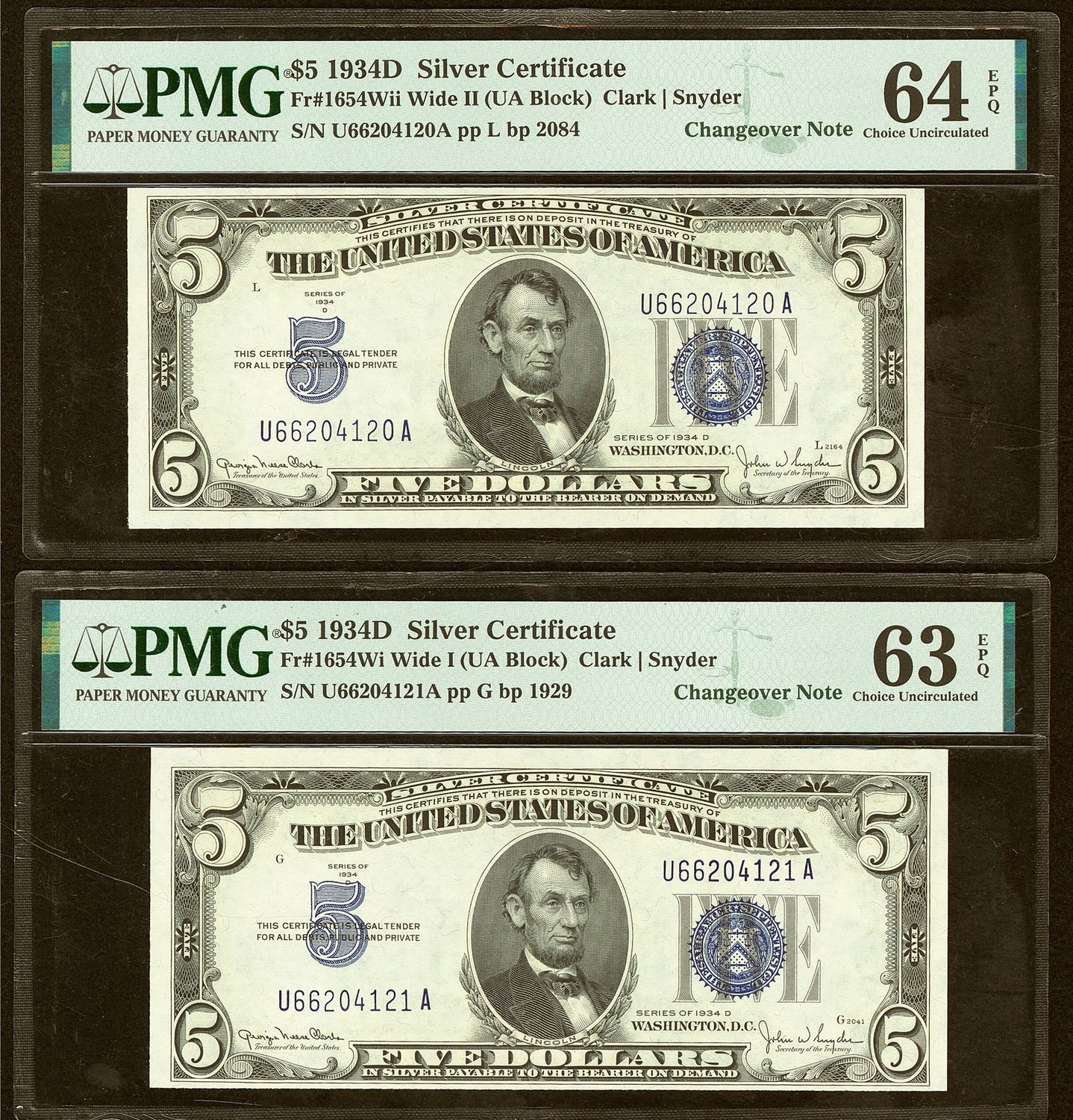1934D $5 Silver Certificates Wide II / Wide I ** Changeover Pair** PMG 64 EPQ