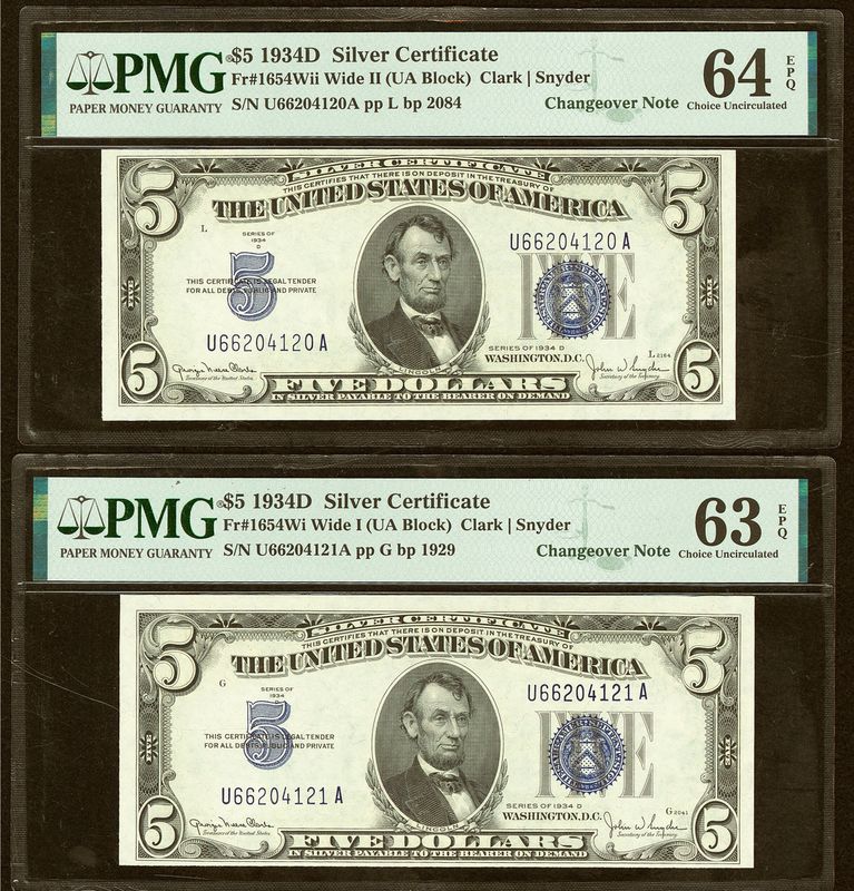 1934D $5 Silver Certificates Wide II / Wide I ** Changeover Pair** PMG 64 EPQ