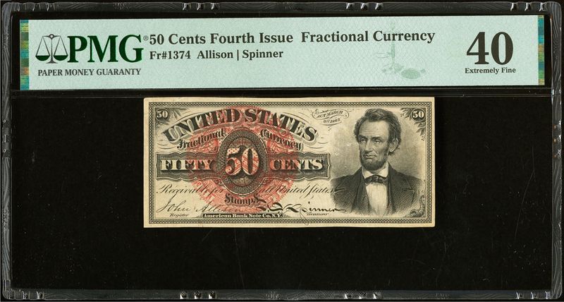 Fr. 1374 Large Red Seal Lincoln 50 Cents. Fourth Issue Fractional PMG 40