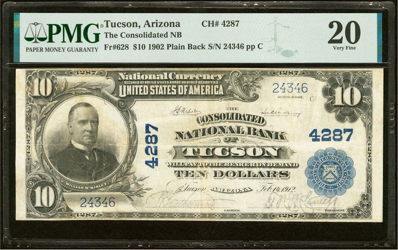 1902 $10 The Consolidated National Bank Tucson, AZ Ch# 4287 PMG 20 Very Fine