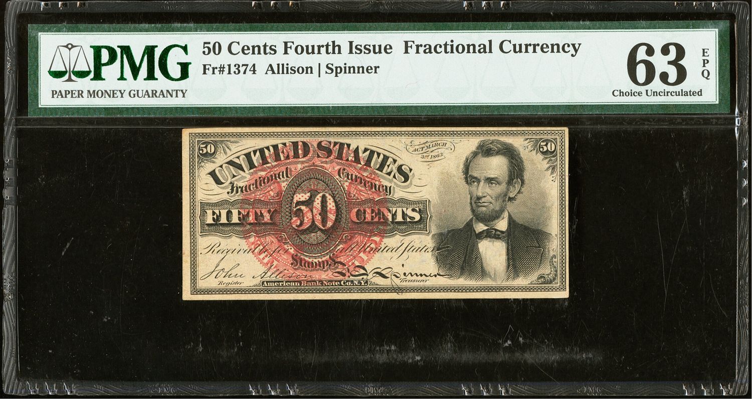 Fr. 1374 Large Red Seal Lincoln 50 Cents. Fourth Issue Fractional PMG 63 EPQ