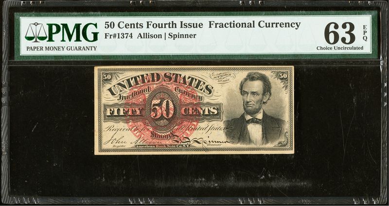 Fr. 1374 Large Red Seal Lincoln 50 Cents. Fourth Issue Fractional PMG 63 EPQ