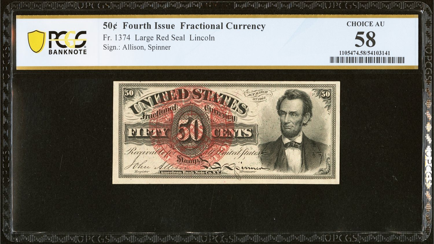 Fr. 1374 Large Red Seal Lincoln 50 Cents. Fourth Issue Fractional PCGS 58