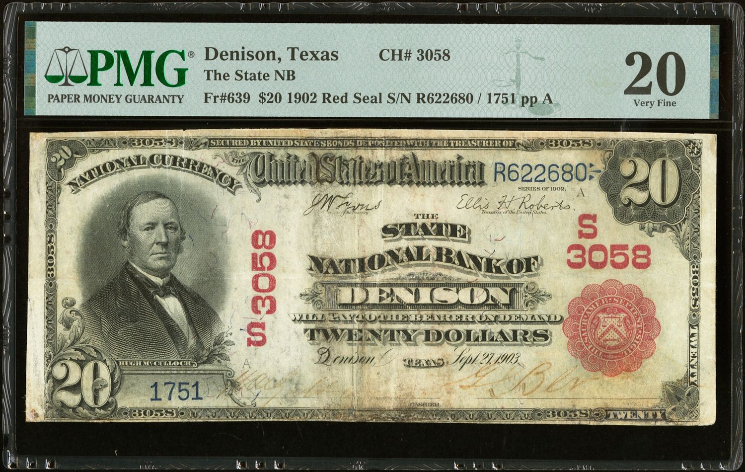 $20 1902 The State National Bank Denison, Tx Ch.13058 PMG 20 Very Fine
