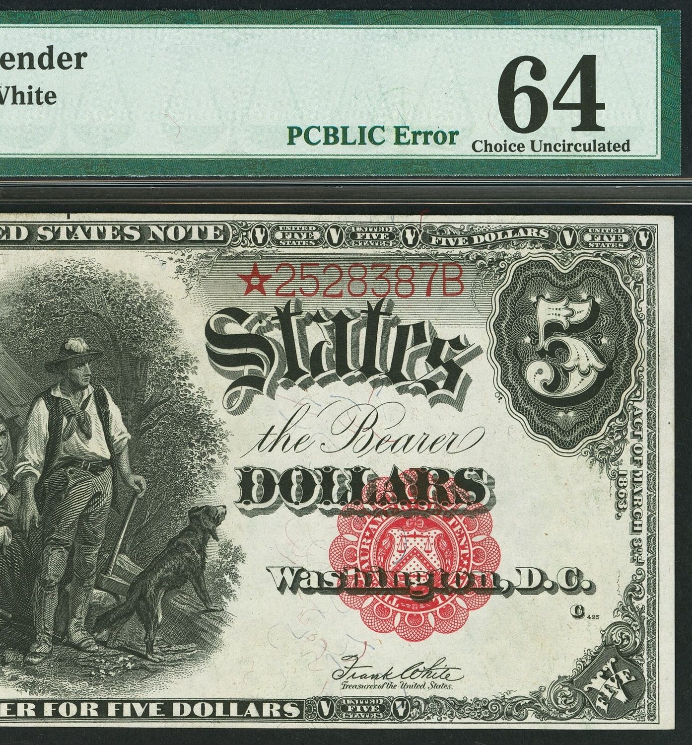 $5 1907 Legal Tender Woodchopper **PUBLIC Error STAR NOTE ** Fr.91  PMG 64