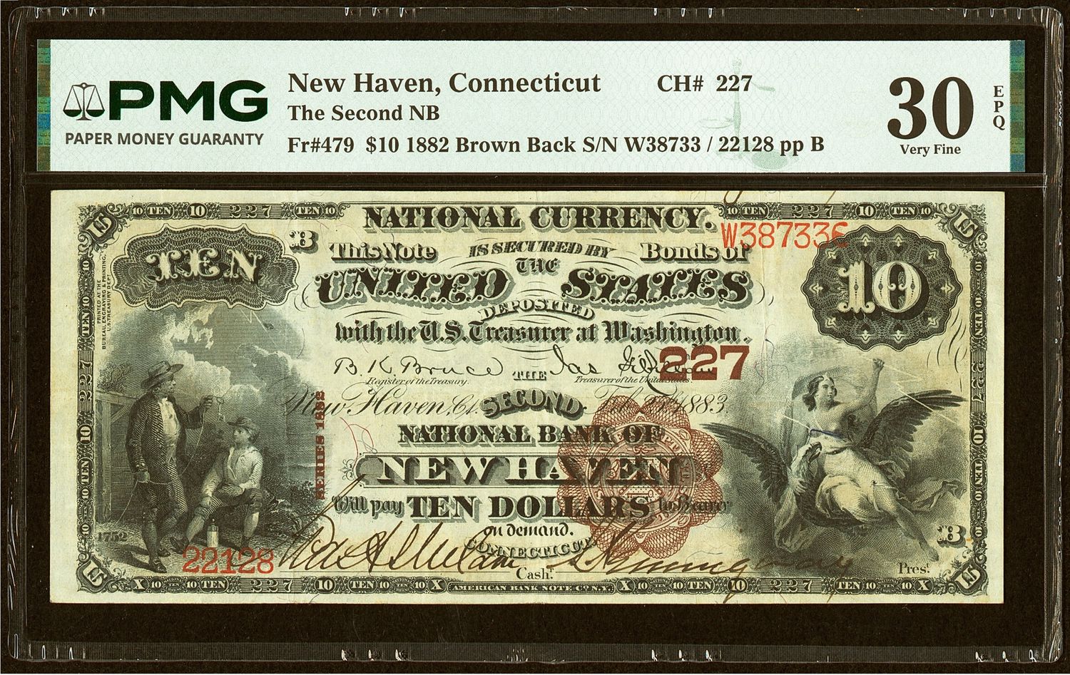1882 $10 The Second National Bank New Haven, CT -Brown Back  PMG 30 EPQ