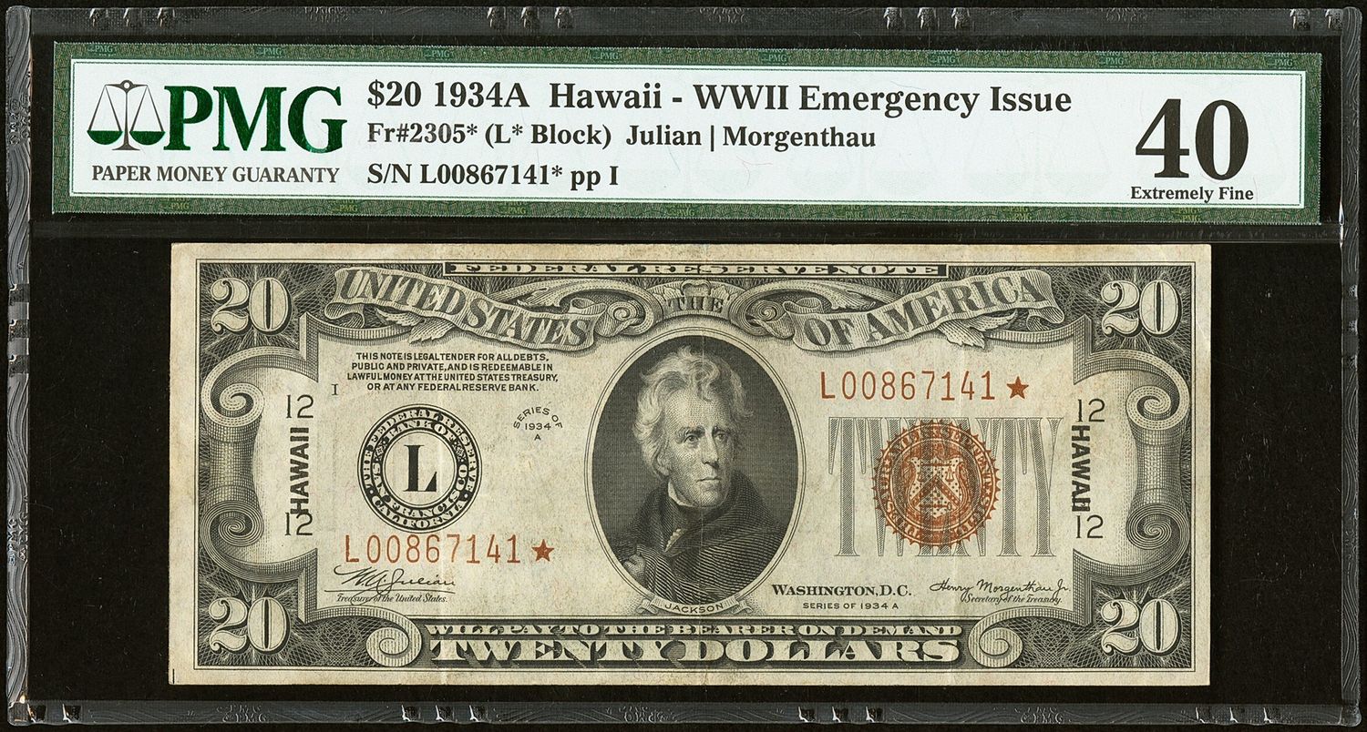 $20 1934A  Hawaii ** STAR NOTE **WWII Emergency Issue FR-2305*  PMG 40