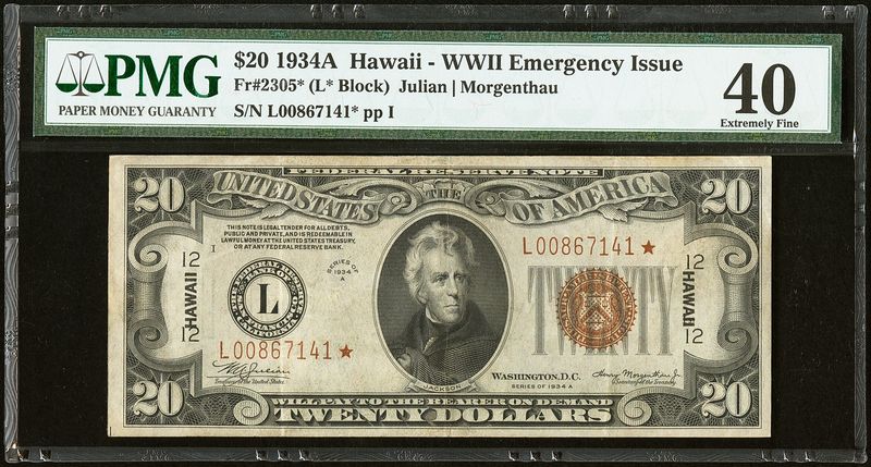 $20 1934A  Hawaii ** STAR NOTE **WWII Emergency Issue FR-2305*  PMG 40