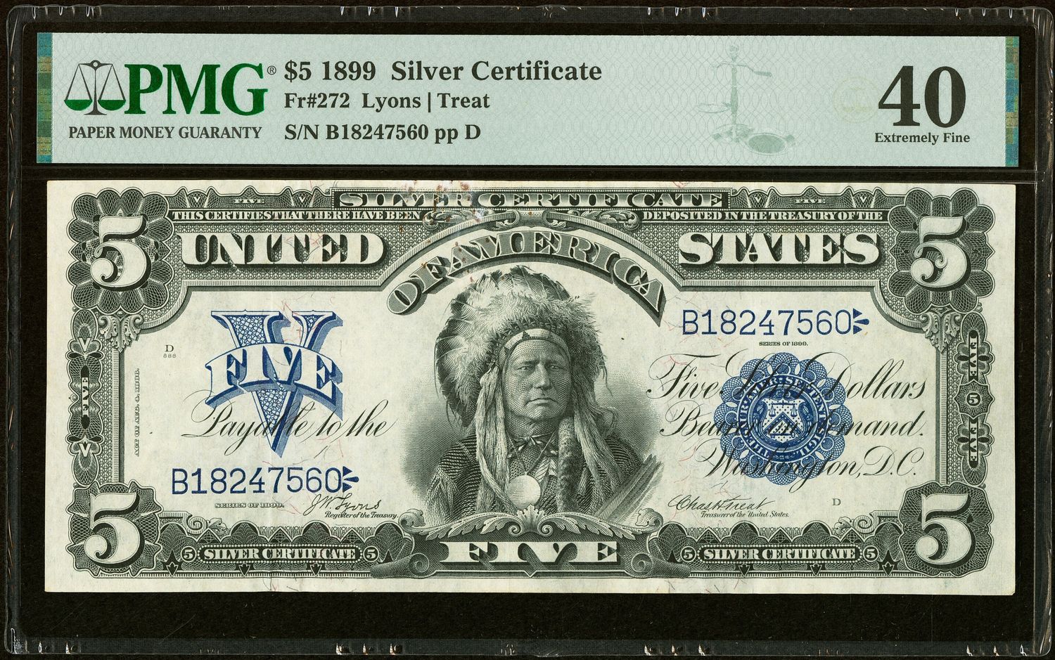 $5 1899 Silver Certificate Indian Chief FR 272 PMG 40 Extremely Fine