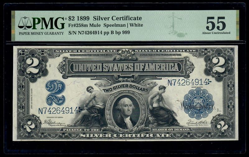 $2 1899 Silver Certificate Mini Porthole Mule Note Fr.258m PMG 55 AU