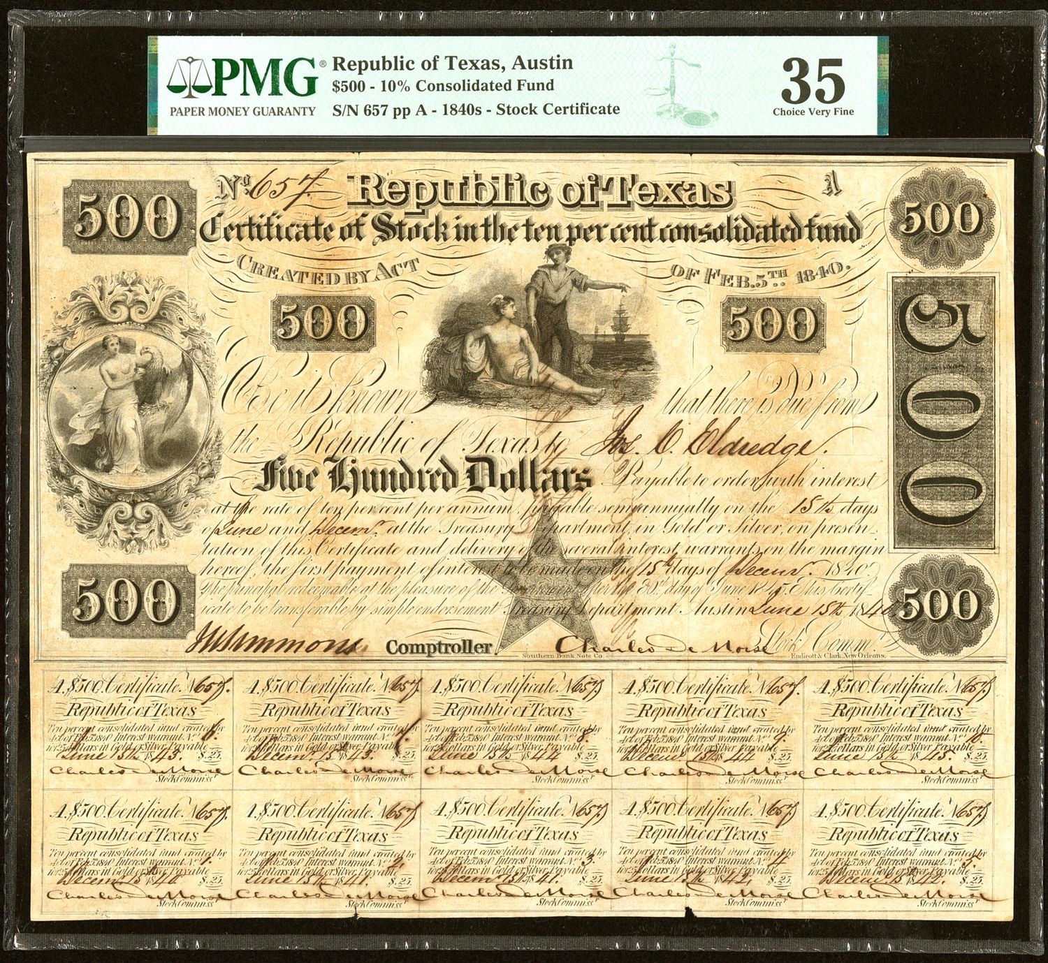 1840 $500 Republic of Texas Certificate of Stock Austin, TX PMG 35 VF
