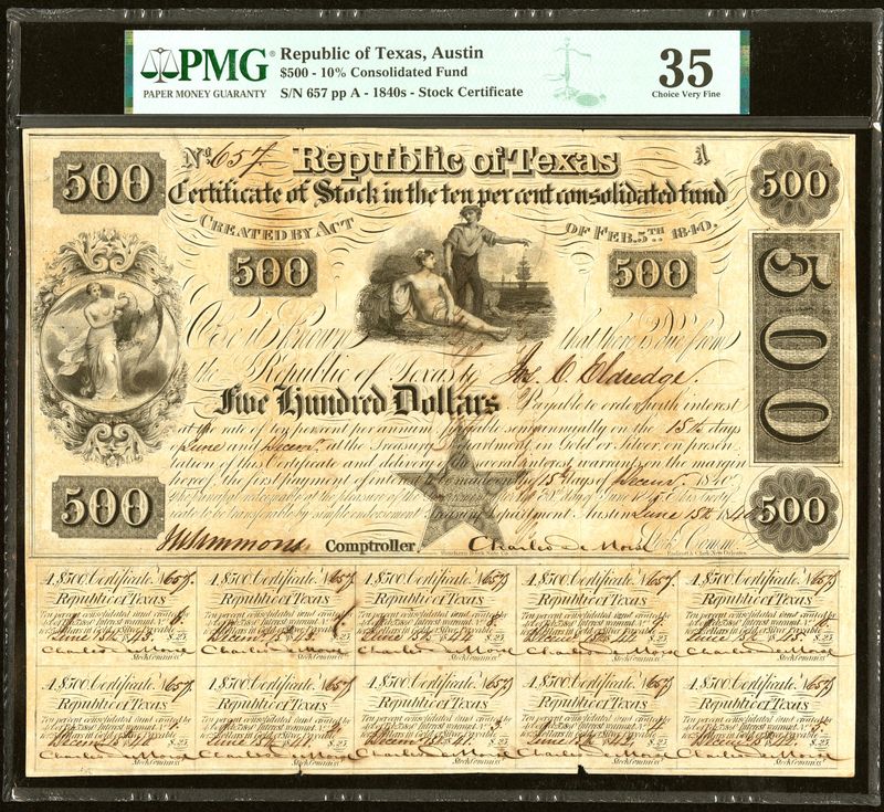 1840 $500 Republic of Texas Certificate of Stock Austin, TX PMG 35 VF