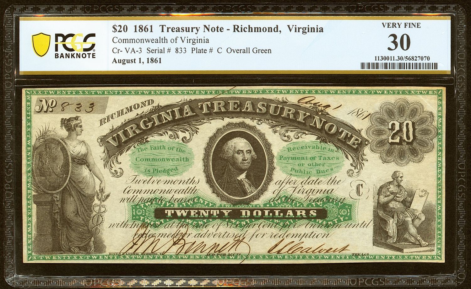 1861 $20 Virginia Treasury Note, Richmond, Commonwealth of Virginia PCGS 30 VF