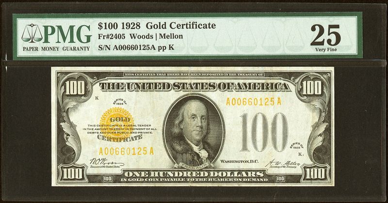 1928 $100 Gold Certificate,Fr.2405 - PMG 25 Very Fine