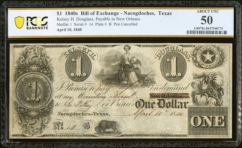 1840's $1 Obsolete - Nacogdoches, Texas - Kelsey H. Douglass - PCGS 50