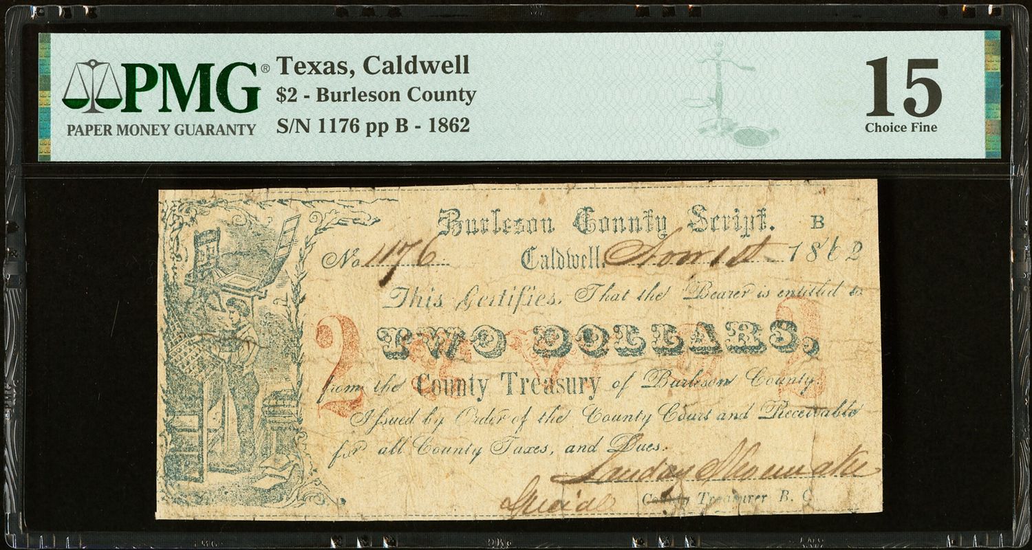 $2 1862 Medlar Caldwell, TX- Burleson County $2 Nov. 1,  PMG 15