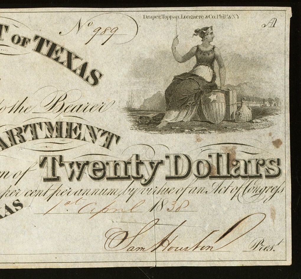 1838 $20 Government of Texas Houston, Texas with Sam Houston signature  PCGS 58