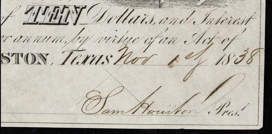 1838 $10 Government of Texas Houston, Texas with Sam Houston signature  PMG 40