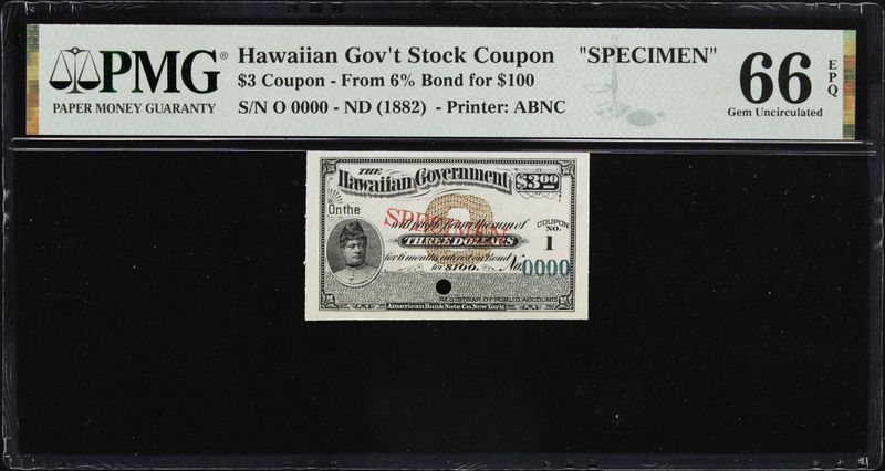 1882 $3 Hawaiian Government Stock Bond Coupon ** SPECIMEN ** PMG 66 EPQ UNC