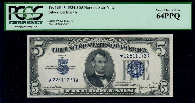 1934D $5 Silver Certificate Fr. 1654* Narrow  Star Note ( *A Block ) PCGS 64 UNCC