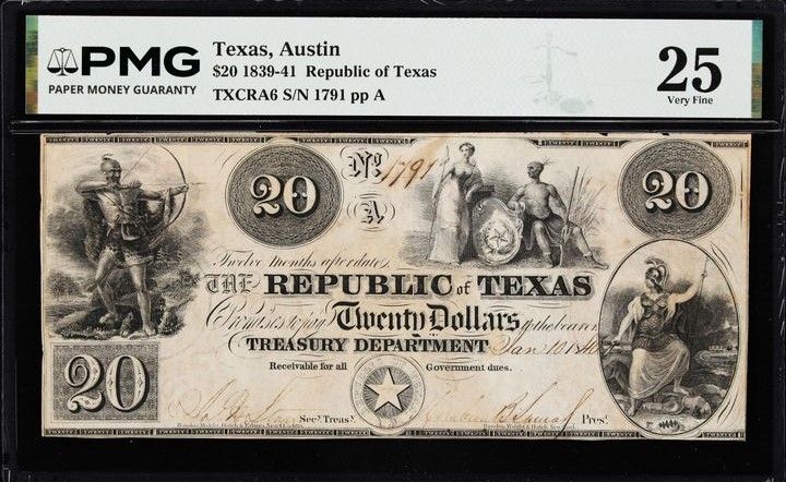 1839-41 $20 Republic of Texas, Austin TXCRA6 S/N 1791 PMG 25 Very Fine