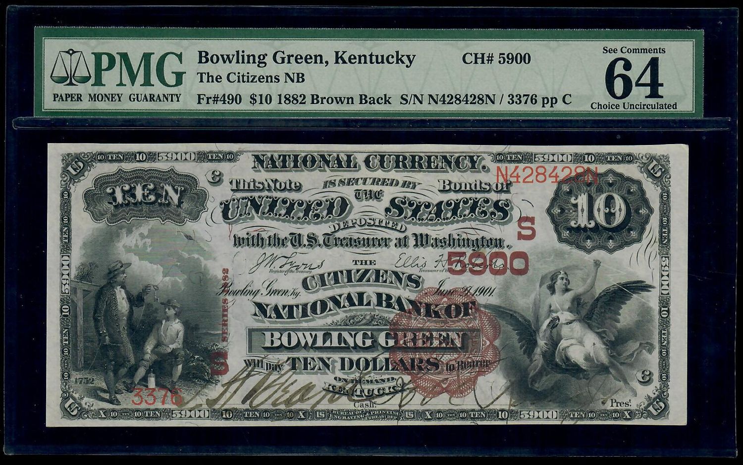 $10 1882 The Citizens National Bank Bowling Green , KY , PMG 64 EP $10 1882 The Citizens National Bank Bowling Green , KY , PMG 64 EP