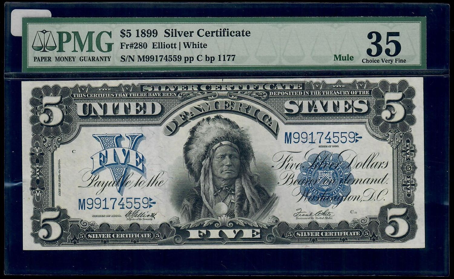 1899 $5 Silver Certificate Chief- Mule ** FR 280 **PMG 35 Very Fine