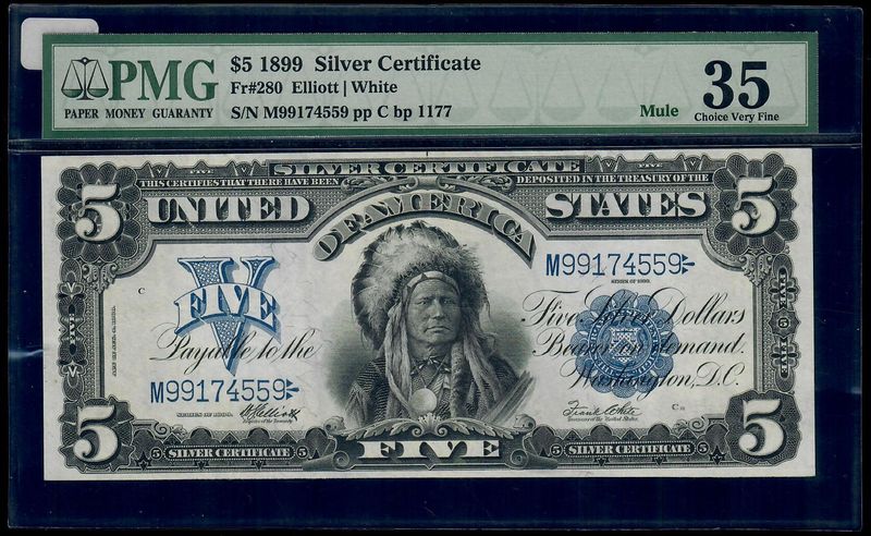 1899 $5 Silver Certificate Chief- Mule ** FR 280 **PMG 35 Very Fine