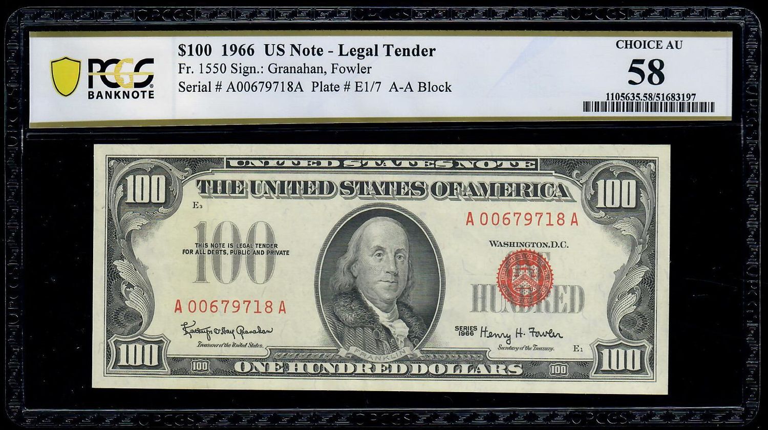 $100 1966 Legal Tender Star Note Fr.1550 Red Seal PCGS 58 About UNC $100 1966 Legal Tender Star Note Fr.1550 Red Seal PCGS 58 About UNC