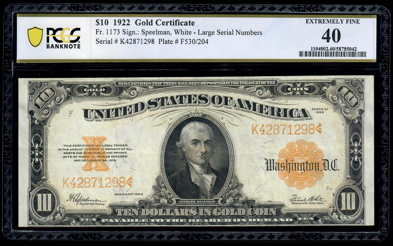 1922 $10 Gold Certificate Note Fr. 1173 PCGS 40 Extremely Fine