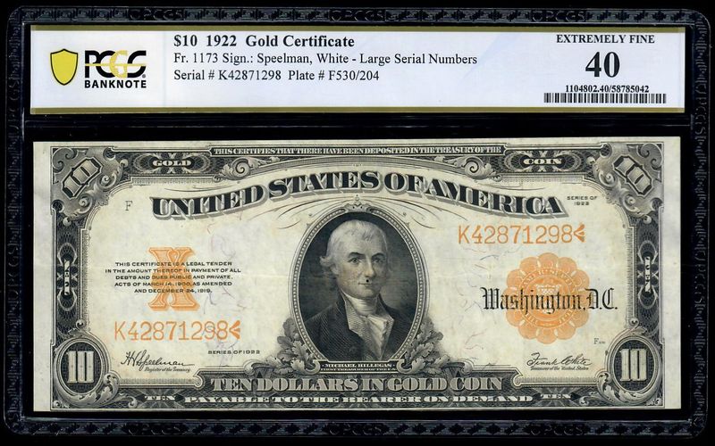 1922 $10 Gold Certificate Note Fr. 1173 PCGS 40 Extremely Fine