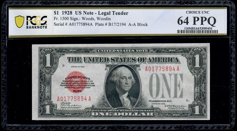 1928 $1 Legal Tender Fr. 1500 Puerto Rico PCGS 64 PPQ 1928 $1 Legal Tender Fr. 1500 Puerto Rico PCGS 64 PPQ