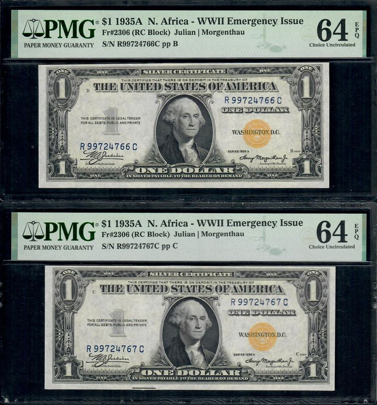 1935A $1 North Africa WWII Emergency Issue Consecutive per PMG 64 EPQ 1935A $1 North Africa WWII Emergency Issue Consecutive per PMG 64 EPQ