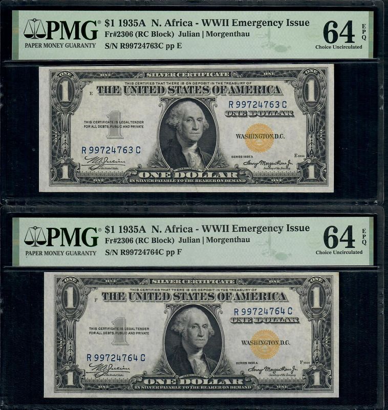 1935A $1 North Africa WWII Emergency Issue Consecutive per PMG 64 EPQ 1935A $1 North Africa WWII Emergency Issue Consecutive per PMG 64 EPQ