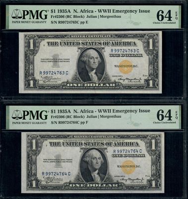 1935A $1 North Africa WWII Emergency Issue Consecutive per PMG 64 EPQ