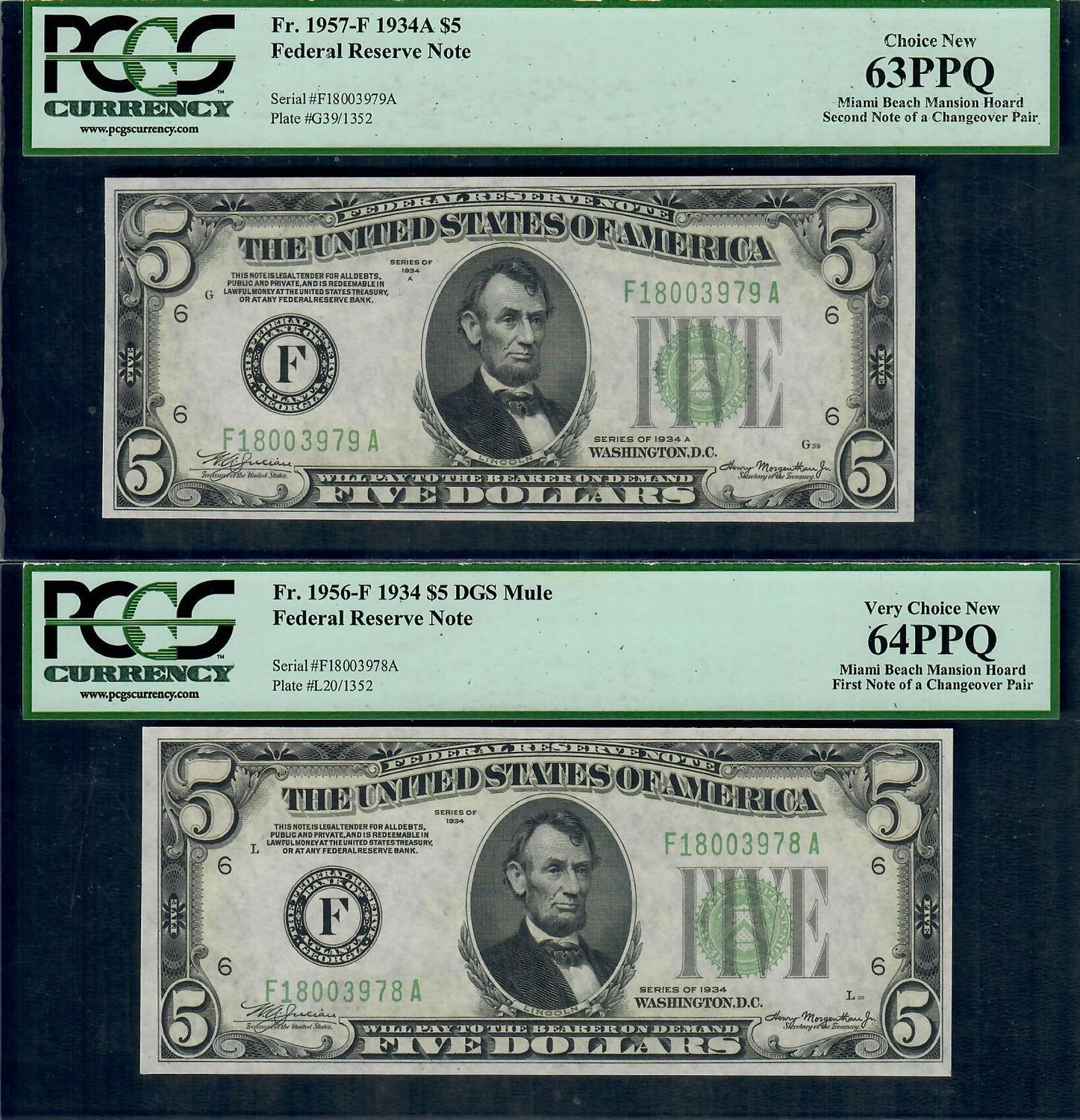 $5  1934 Federal Reserve Mule Changeover Per Fr. 1956-F  PCGS 64 PPQ