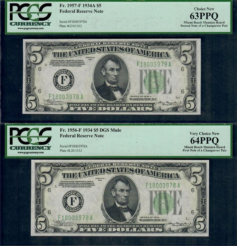 $5 1934 Federal Reserve Mule Changeover Per Fr. 1956-F PCGS 64 PPQ $5 1934 Federal Reserve Mule Changeover Per Fr. 1956-F PCGS 64 PPQ