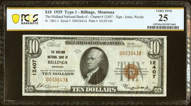 1929 $10 The Midland National Bank of Billings, Montana CH. 12407 PCGS 25 VF