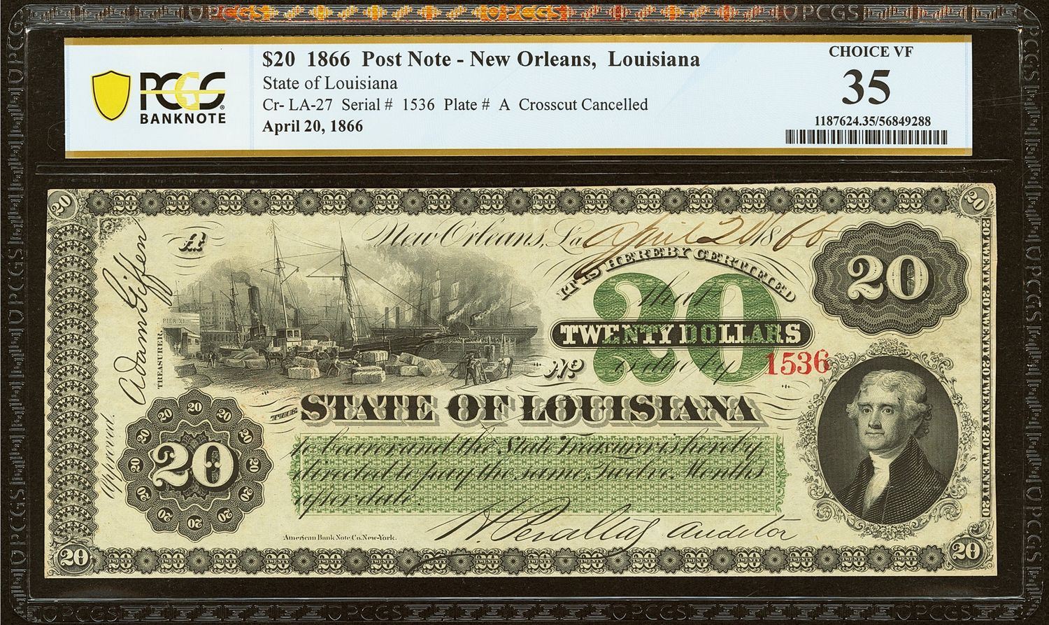 $20 1866 State of Louisiana, New Orleans Ornate Green Obsolete PCGS 35 $20 1866 State of Louisiana, New Orleans Ornate Green Obsolete PCGS 35