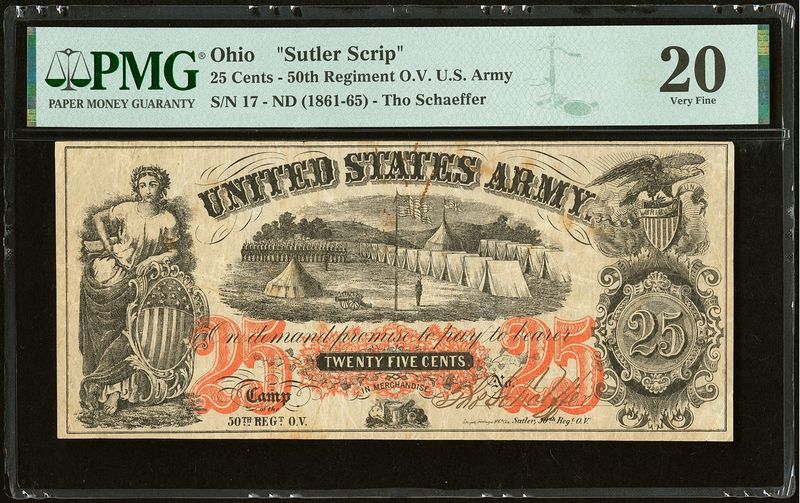 1861-65 United States Army  25 Cent-50th Regiment O.V.U.S.ARMY PLMG 20 VF