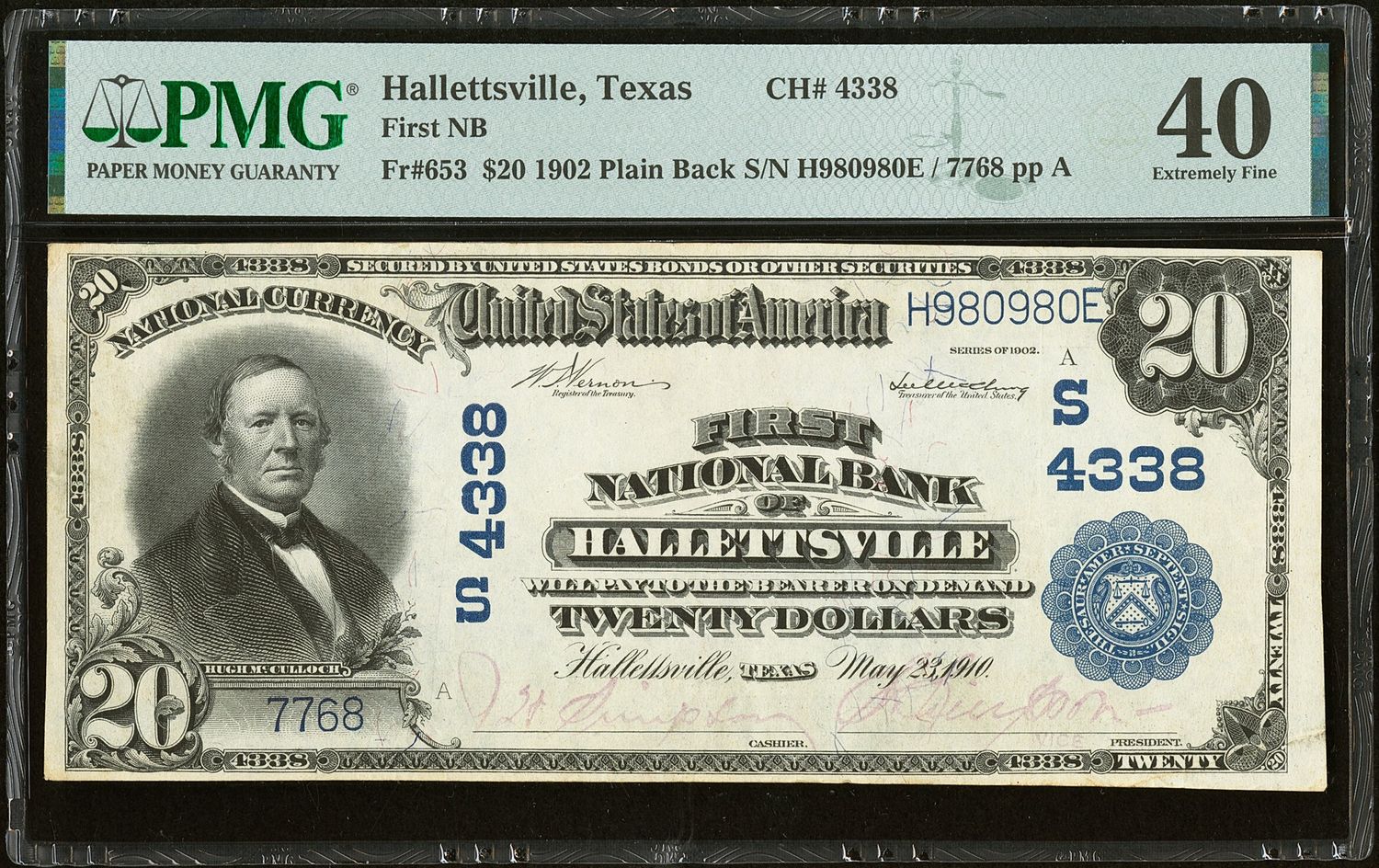 1902 $20 Plain Back First National Bank Hallettsville, TX  CH# 4338 PMG 40 XF