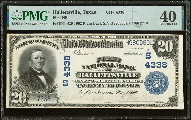 1902 $20 Plain Back First National Bank Hallettsville, TX CH# 4338 PMG 40 XF 1902 $20 Plain Back First National Bank Hallettsville, TX CH# 4338 PMG 40 XF