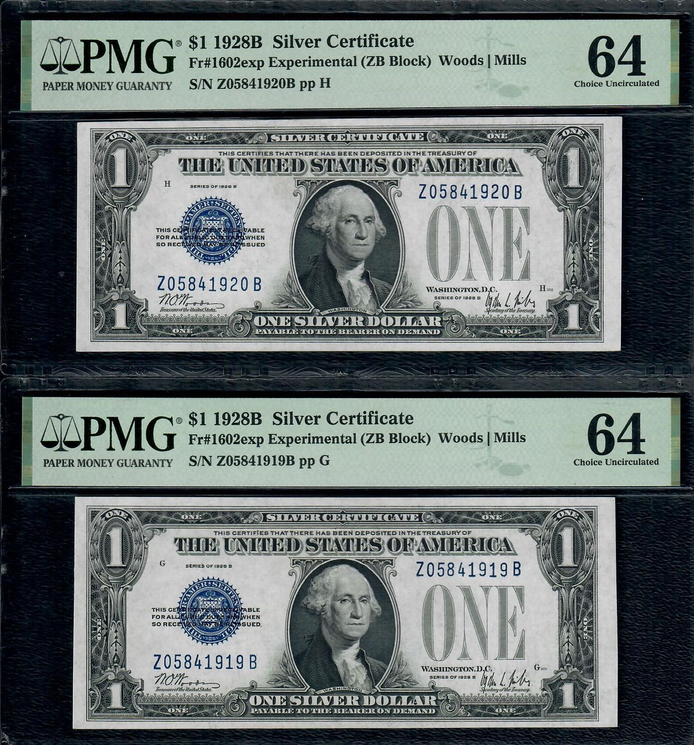 Per of 2 1928B $1 Silver Certificate Note Fr#1602exp Experimental PMG 64 UNC