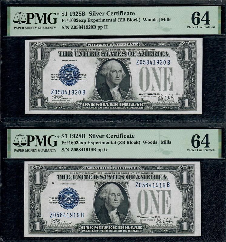 Per of 2 1928B $1 Silver Certificate Note Fr#1602exp Experimental PMG 64 UNC