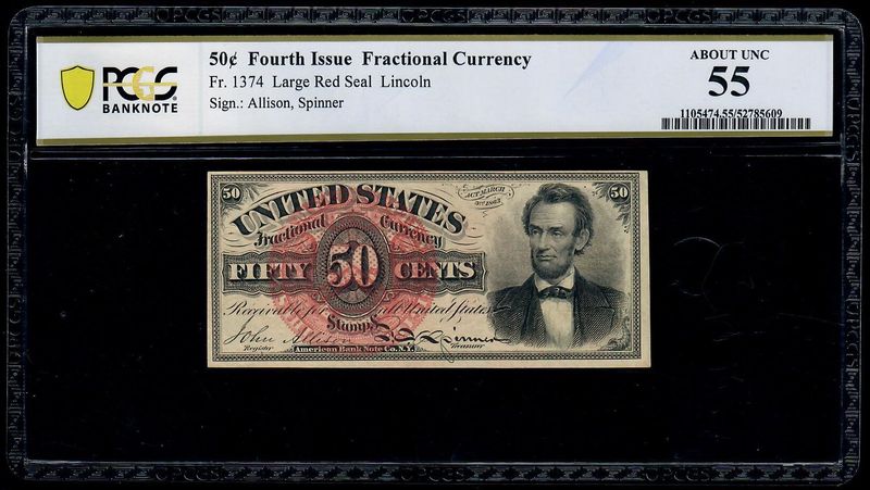 Fr. 1374 Large Red Seal Lincoln 50 Cents. Fourth Issue Fractional PCGS 55 Fr. 1374 Large Red Seal Lincoln 50 Cents. Fourth Issue Fractional PCGS 55